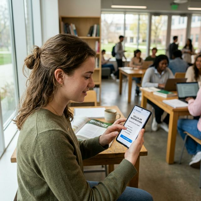Student using a digital flashcard app on their smartphone for efficient mobile studying.