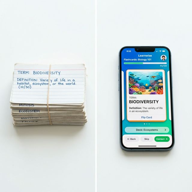 Comparison of a stack of physical flashcards next to a smartphone displaying a digital flashcard app.