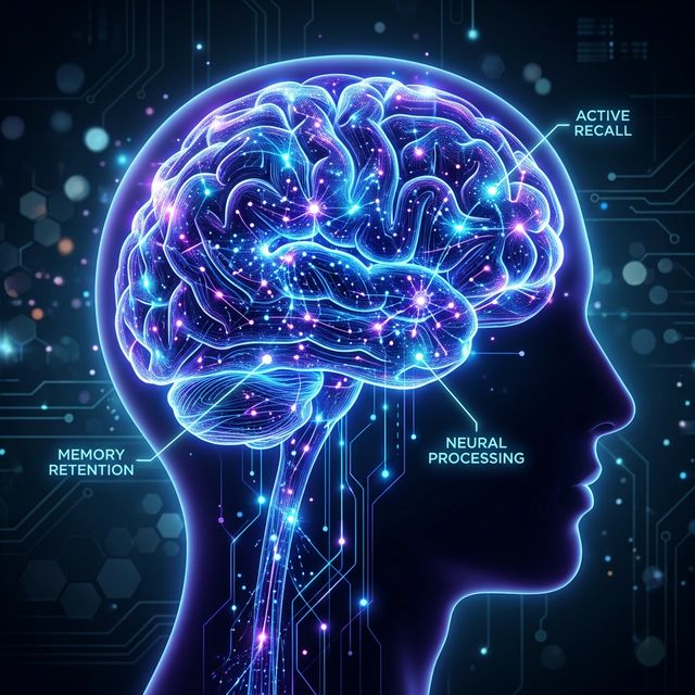 Conceptual visualization of a human brain with digital connections representing active recall and long-term memory retention.