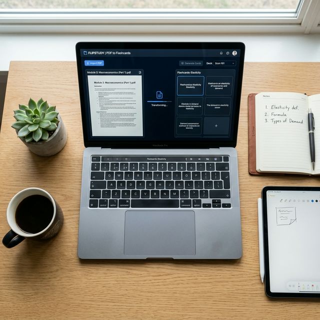 Top-down view of a laptop processing a PDF into digital flashcards