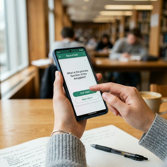 Close-up of a student flipping a digital flashcard for active recall