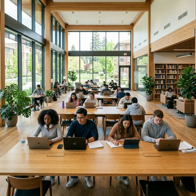 Diverse students studying effectively in a modern library environment