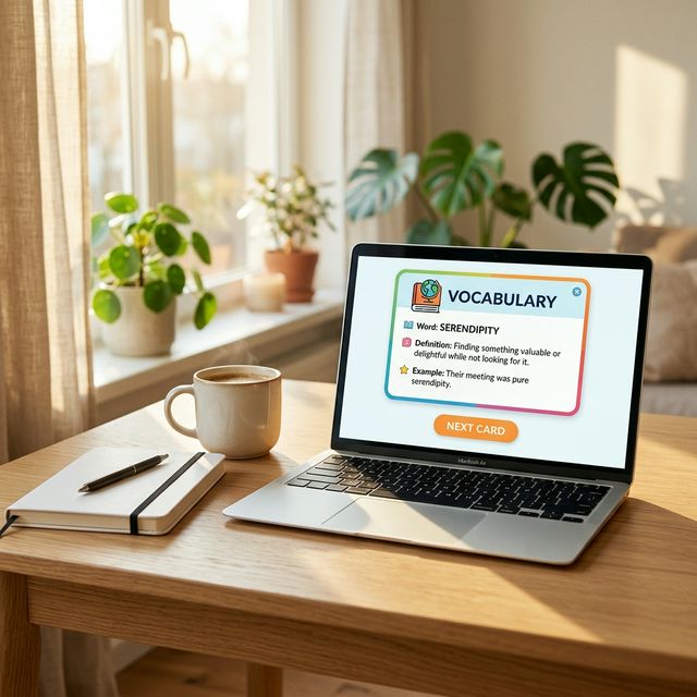 Minimalist digital flashcard study setup with laptop and notebook on a sunlit desk.