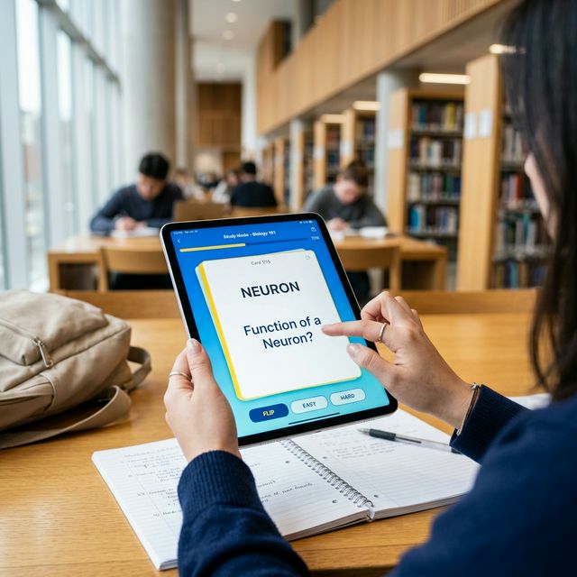 Student using a digital flashcard app on a tablet for active recall studying.