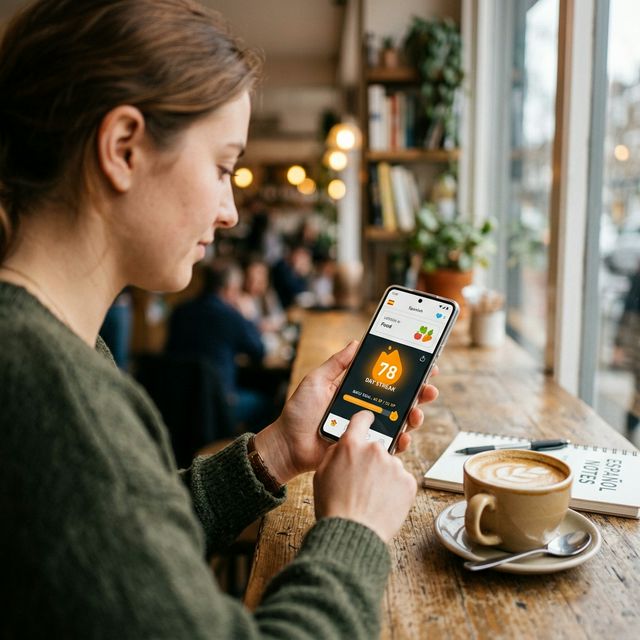 Person reviewing flashcards on a study app in a cozy cafe to build consistency