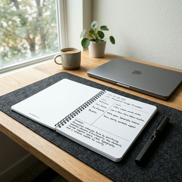Minimalist desk setup with a notebook featuring the Cornell note-taking method layout.