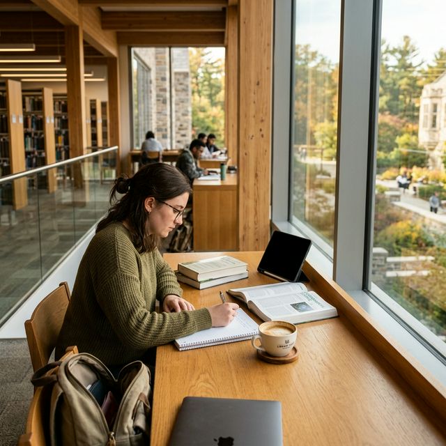 Student studying in a modern library using a tablet for digital note-taking and research.
