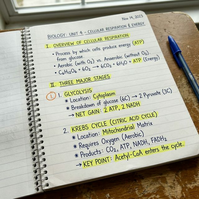 Close-up of structured handwriting in a notebook showing effective outlining and bullet points.