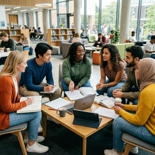 Diverse group of college students collaborating and studying together using digital tools.
