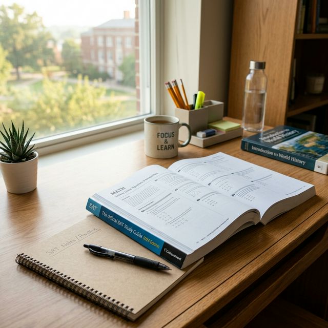 A clean, organized student's desk with an open SAT prep book and a pen, under soft natural light—symbolizing a focused SAT study plan.