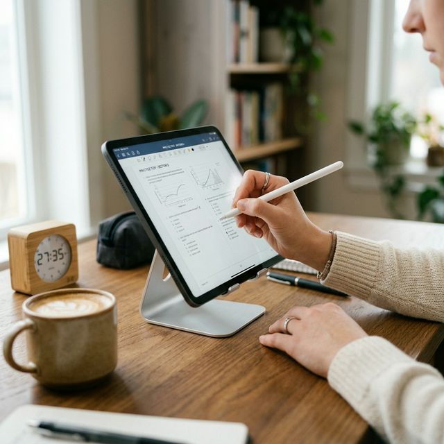 A student's hands using a stylus on a tablet for a practice SAT test, with a cup of coffee and a timer on a wooden desk—representing the diagnostic phase.