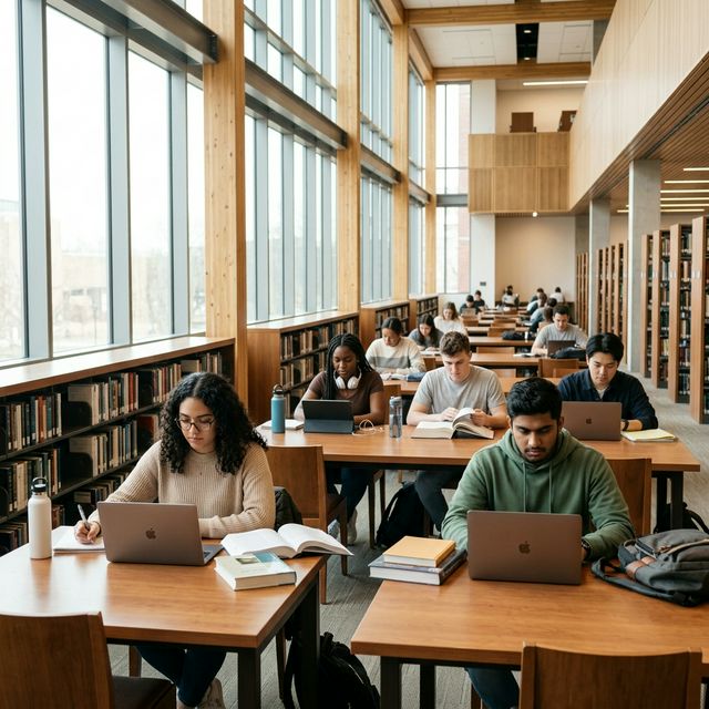 A diverse group of students studying in a modern, well-lit library, focusing on their SAT prep materials—illustrating the commitment required for score improvement.