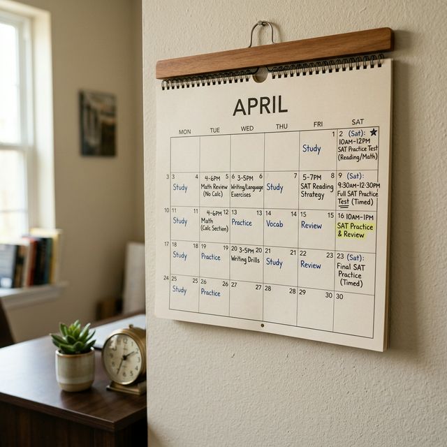 A wall calendar with handwritten 'SAT Practice' sessions, a clock, and a small desk plant—representing a structured and consistent SAT study schedule.