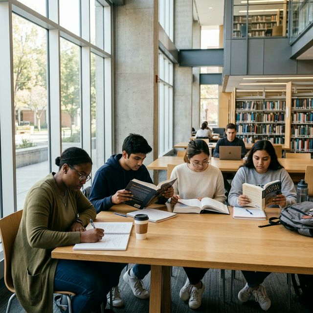 Students studying with active recall in a modern university library