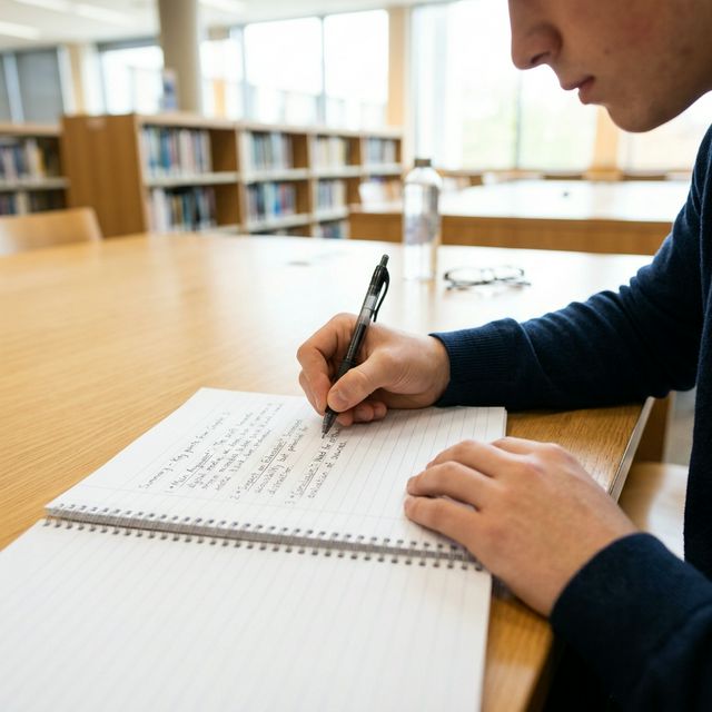 A student writing a summary as part of active recall studying