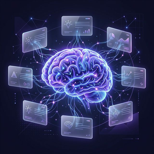 Premium digital illustration of a brain with glowing neural pathways connected to floating digital flashcards.