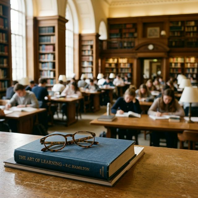 Cinematic shot of a library setting with glasses on a book, representing the focused environment needed for effective spaced repetition.