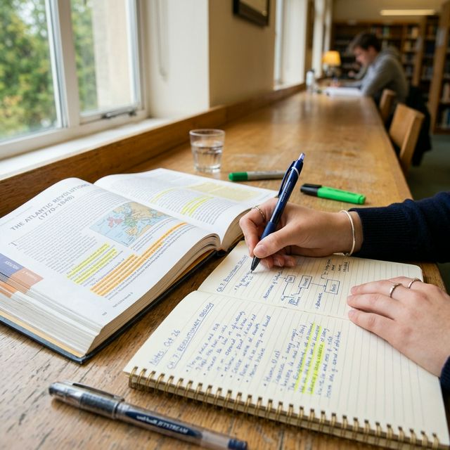 Close-up of a student taking organized notes in a textbook, illustrating the preparation for a spaced repetition system.