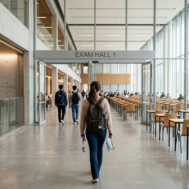 A focused student walking towards the entrance of a modern university exam hall.
