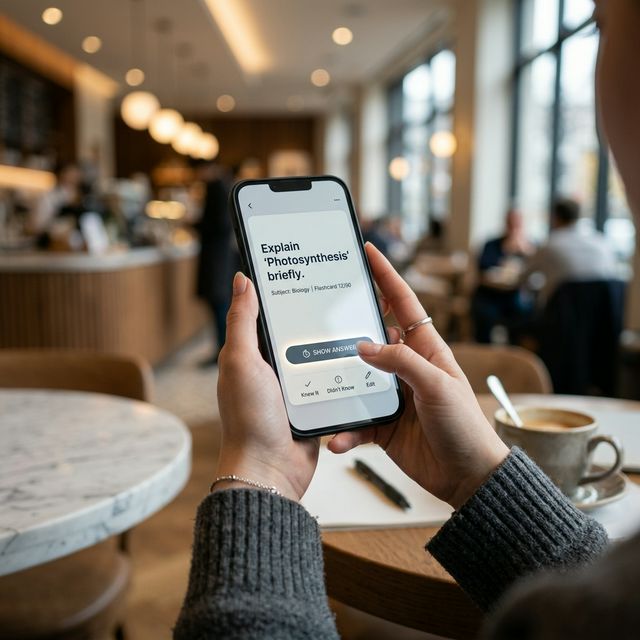 A student reviewing smart flashcards on a tablet using an AI study platform.