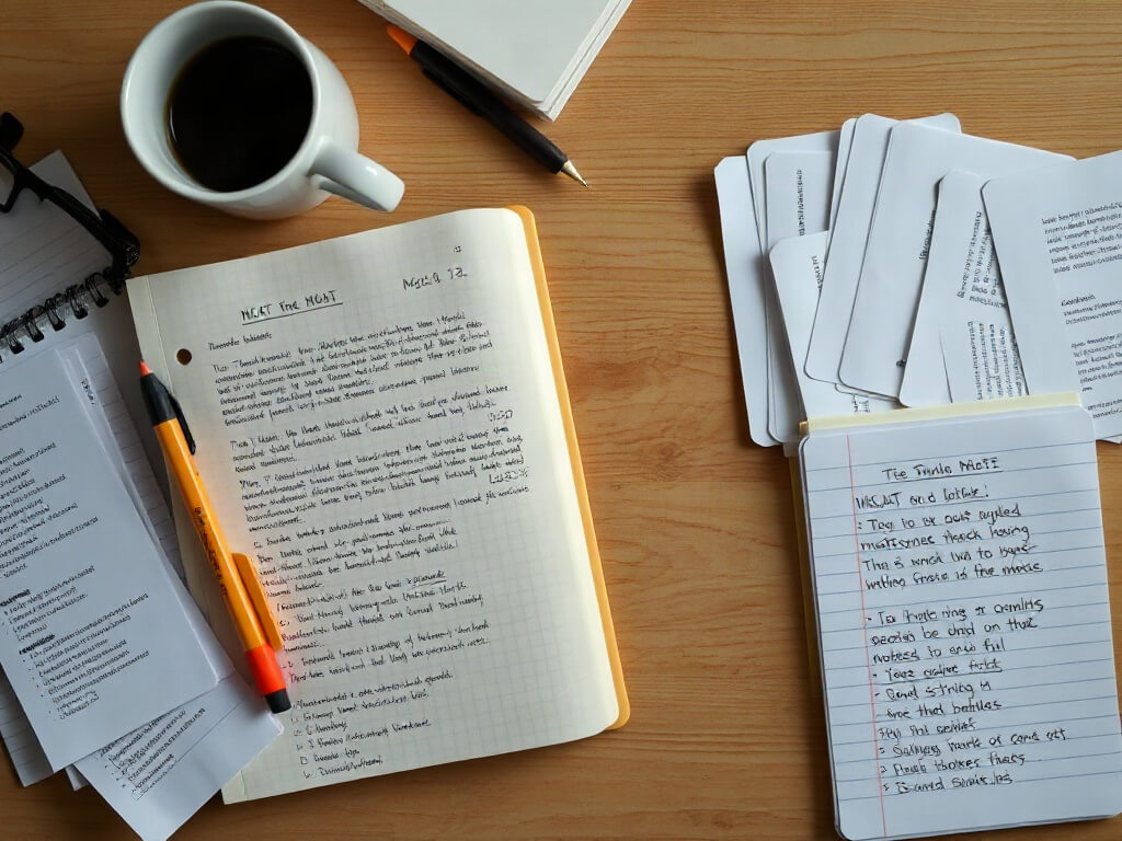 Student organizing handwritten study materials and notes