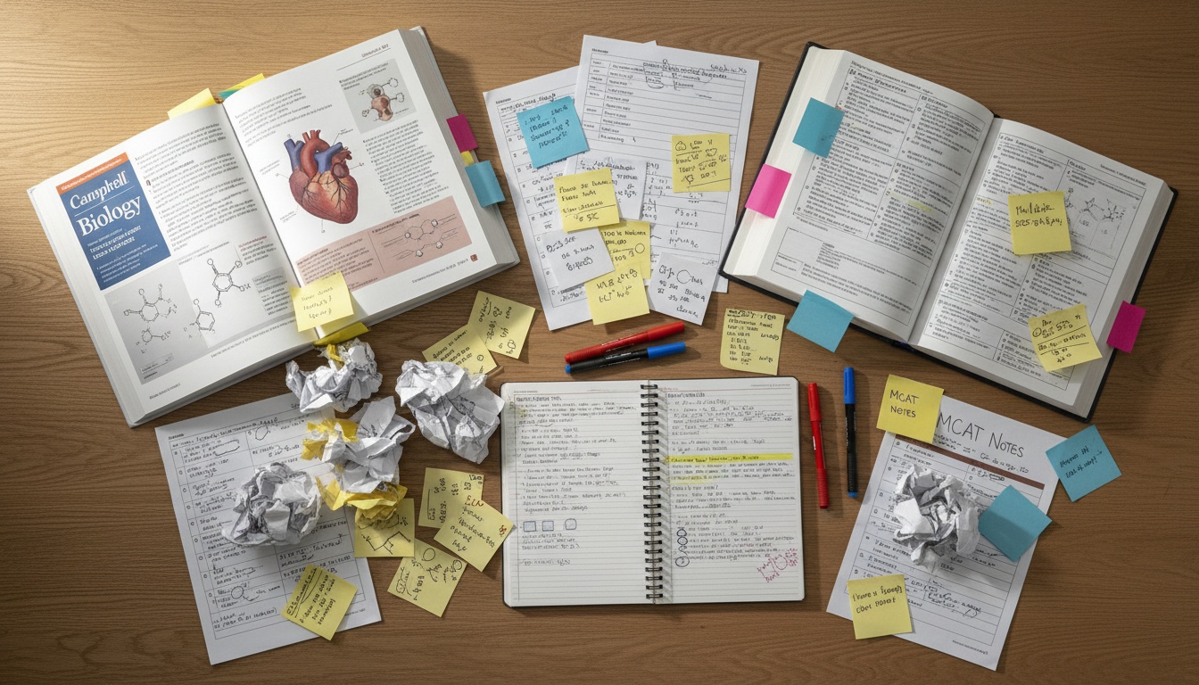MCAT study materials, handwritten notes, and practice resources arranged on a desk