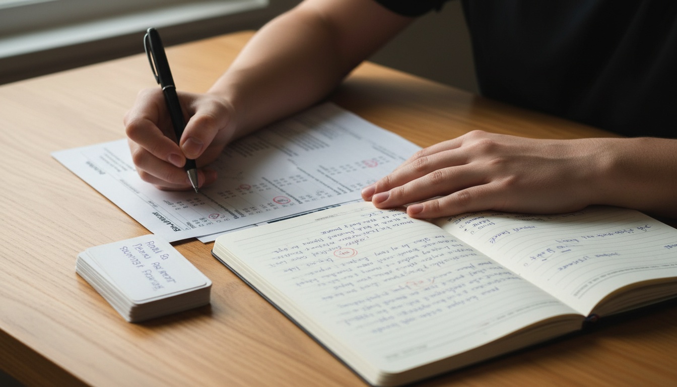 Student reviewing an MCAT practice-question workflow with notes and flashcards