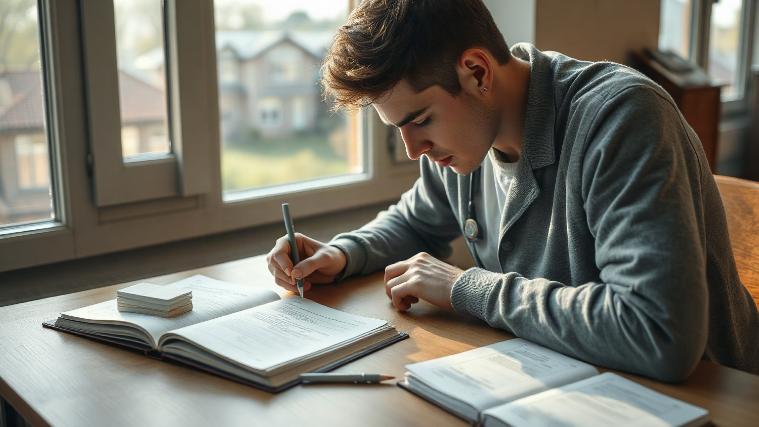 Focused pre-med student reviewing MCAT study materials
