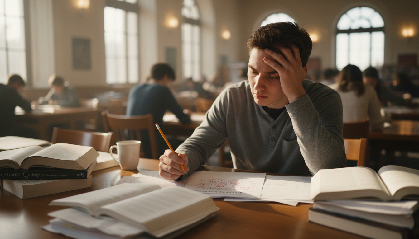Pre-med student feeling frustrated while reviewing a practice exam