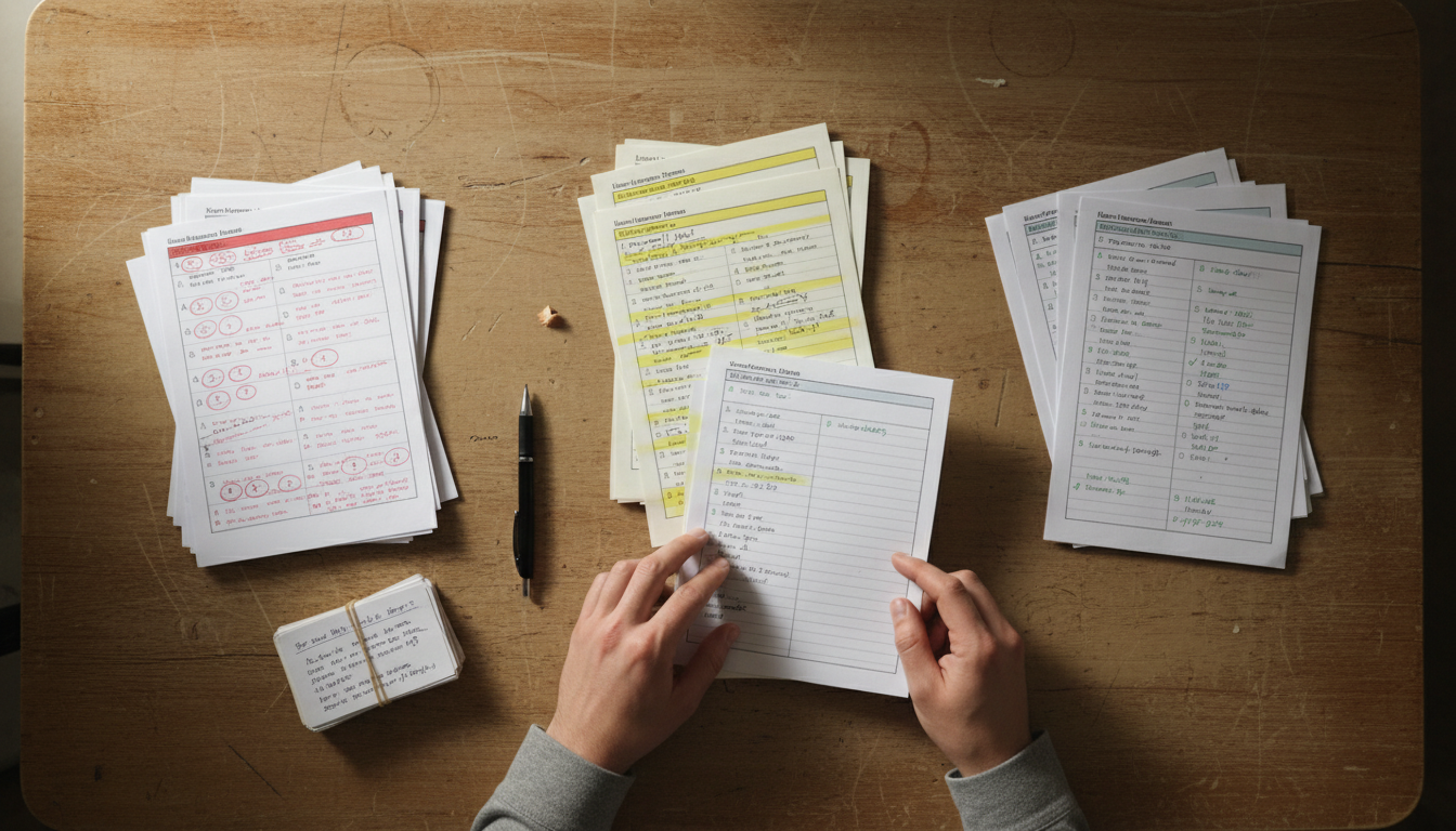Pre-med student sorting MCAT practice exam materials for review