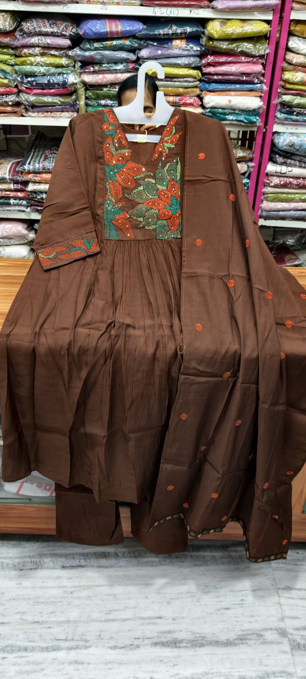 Brown Mulcotton A line 3pc dress