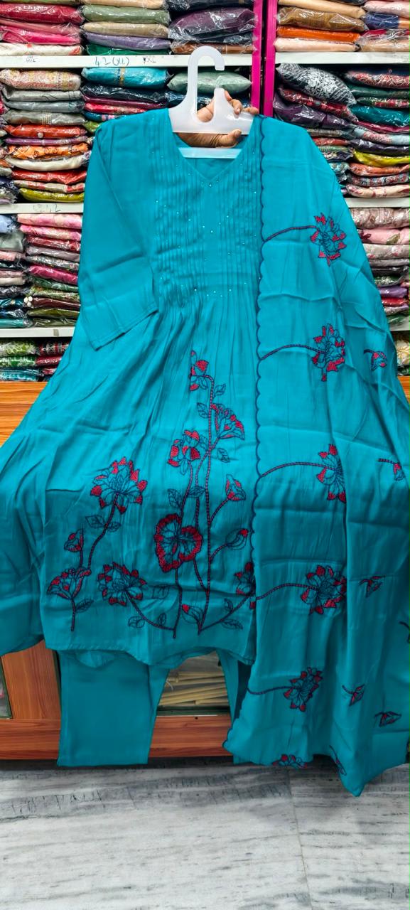 Rama Blue Mulchanderi 3pc A line dress