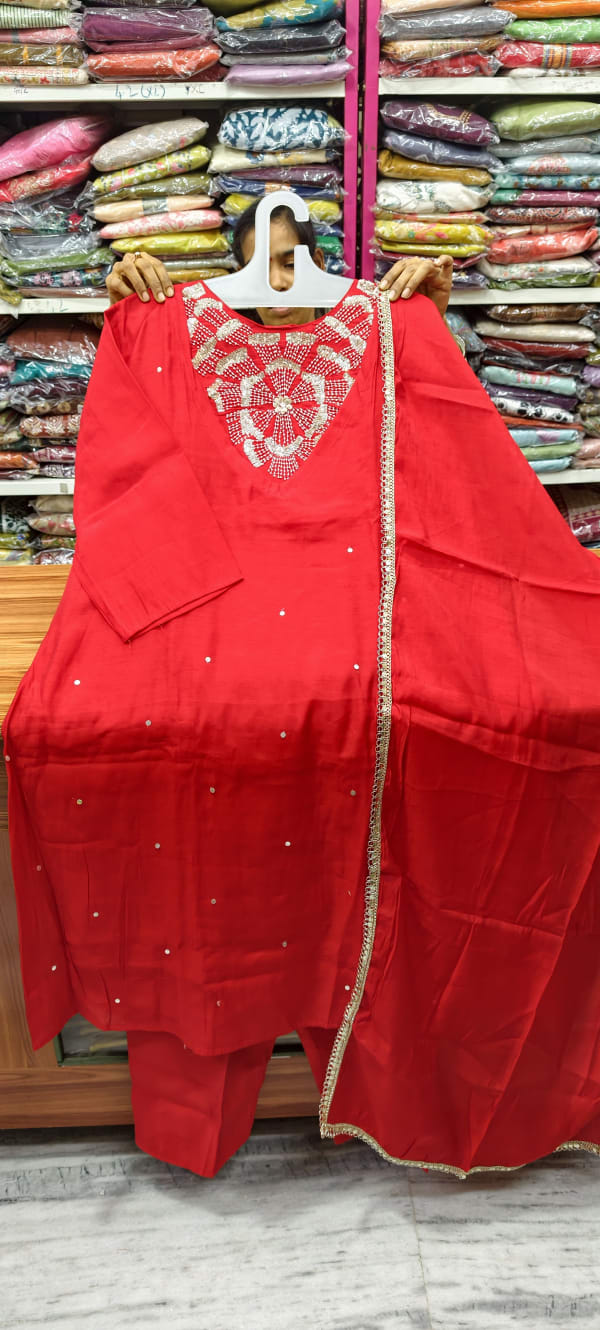 Red Color Mulchanderi A line 3PC Dress