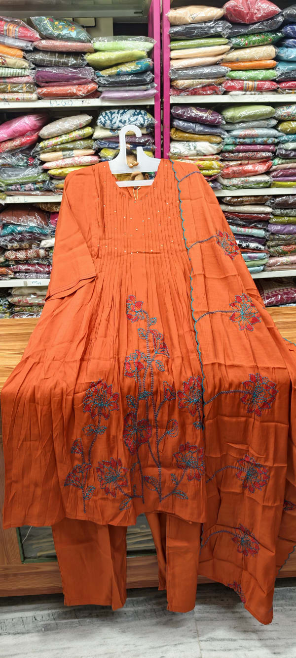RustOrange A line threadwork mulchanderi 3pc dress