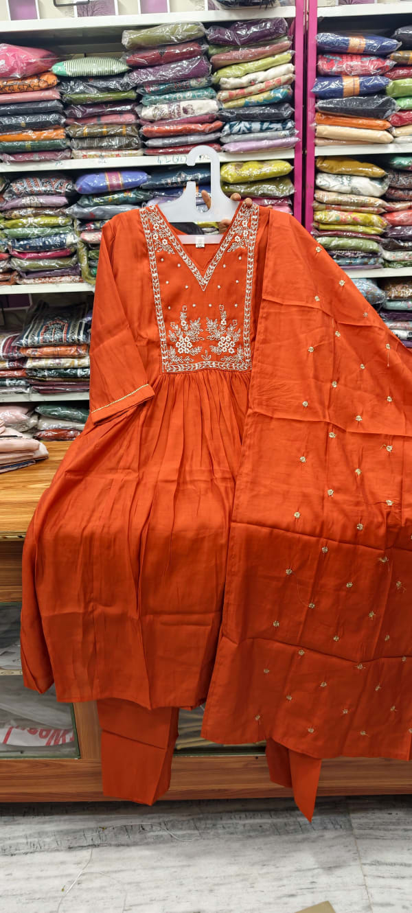 Dark RustOrange A line 3pc dress mulchanderi With work