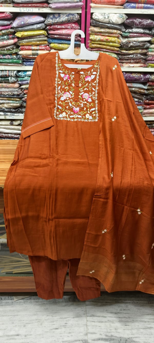 Rust Orange strightCut mulchanderi 3pc dress