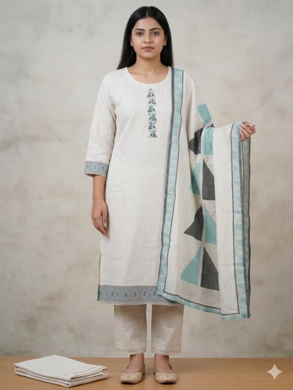 Khadi Cotton 3pc handloom stright cut dress
