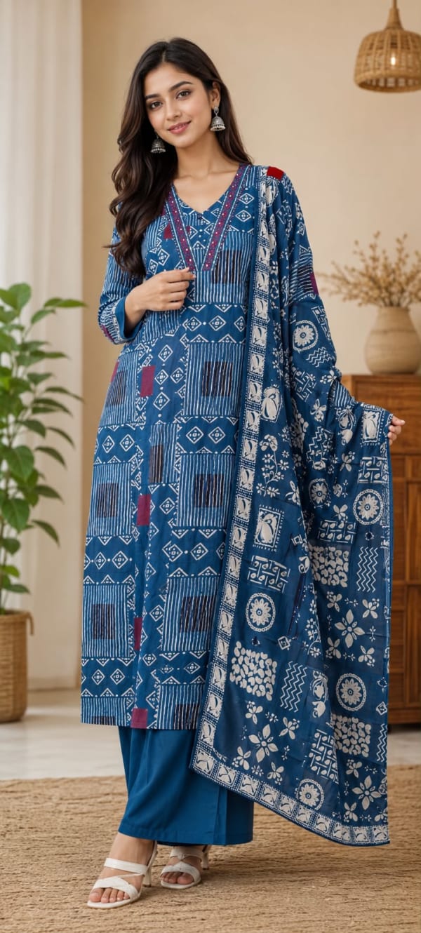 Cotton Azrak print Strightcut With plazo pant 3pc dress