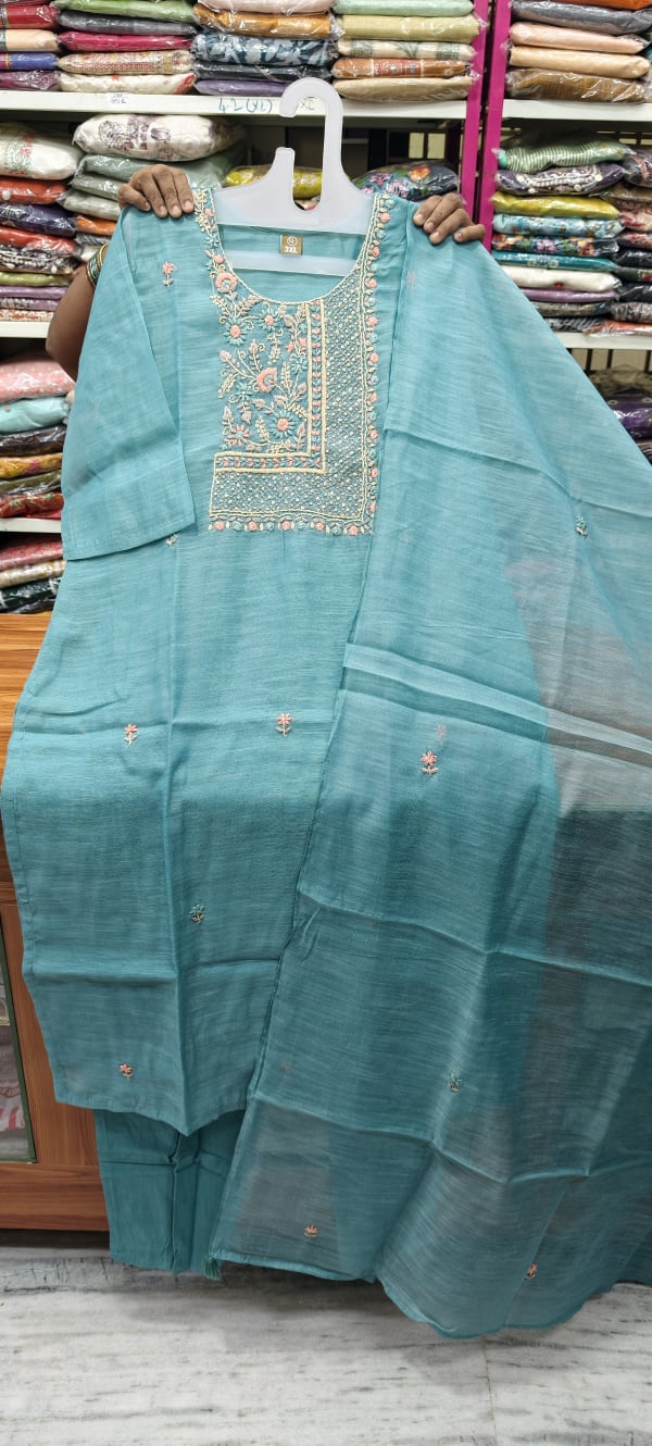 SeaBlue Chanderi Silk Strightcut 3pc dress 
