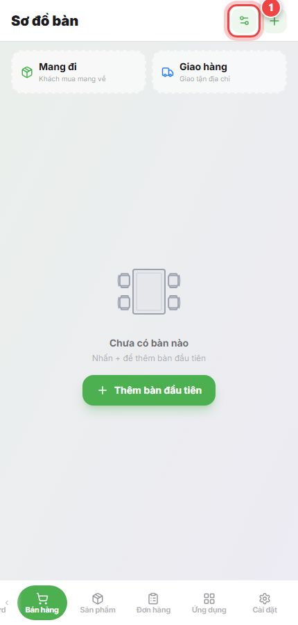 Chạm vào biểu tượng cấu hình trên màn hình Bán hàng LalaPos