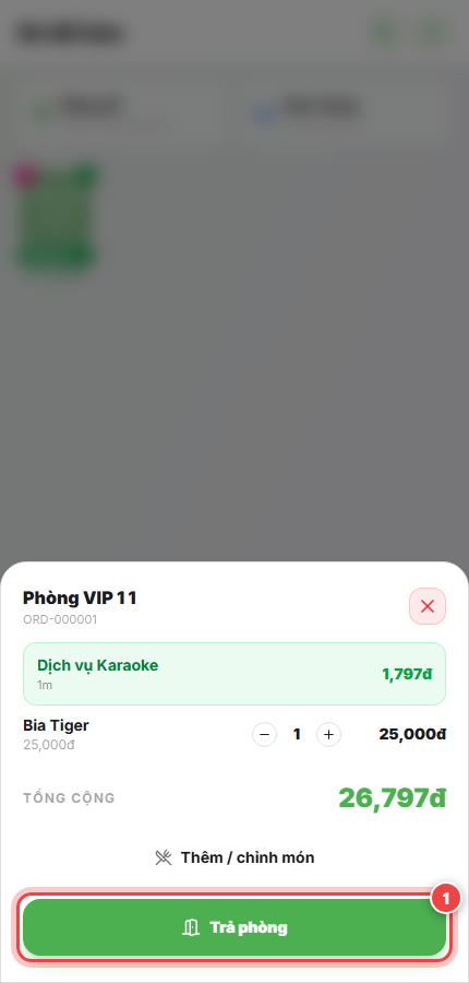 Chạm vào Trả phòng để mở màn hình thanh toán karaoke