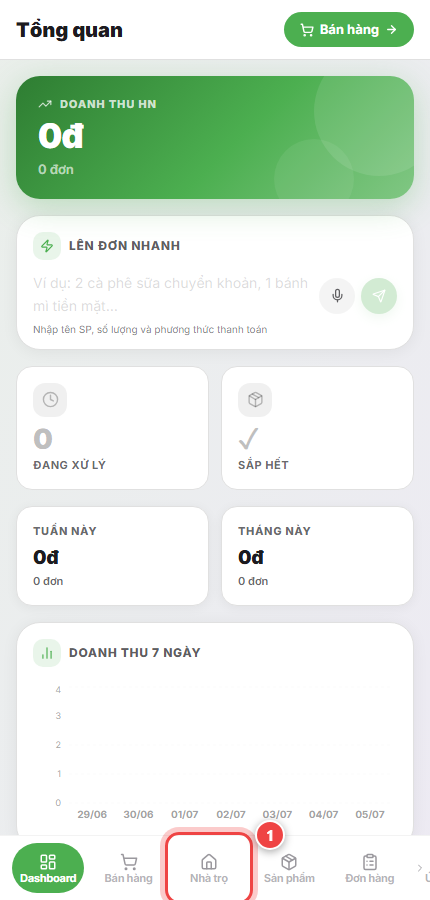 Chạm vào mục Nhà trọ trên thanh điều hướng dưới cùng