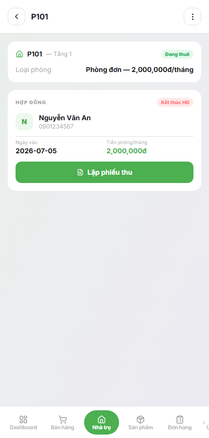 Giao diện quản lý hợp đồng thuê phòng và thông tin khách trọ trên phần mềm LalaPos