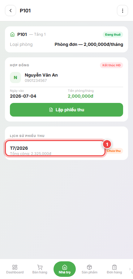Chạm vào dòng phiếu thu trong Lịch sử phiếu thu của phòng