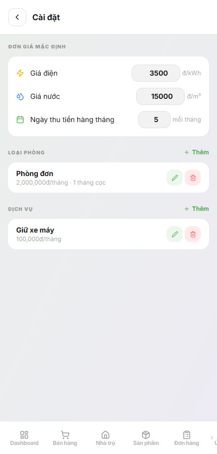 Giao diện cài đặt dịch vụ đi kèm (giữ xe, wifi...) trên phần mềm LalaPos