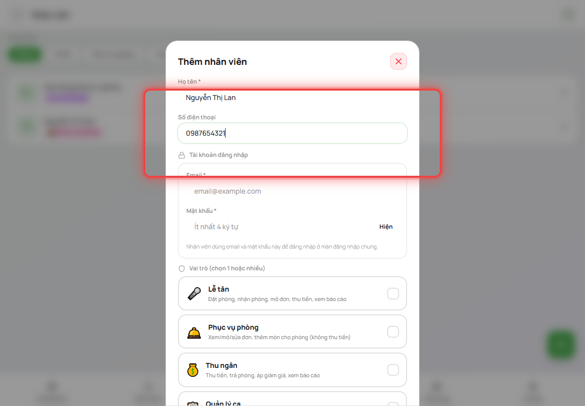 Nhập tên, SĐT, email đăng nhập