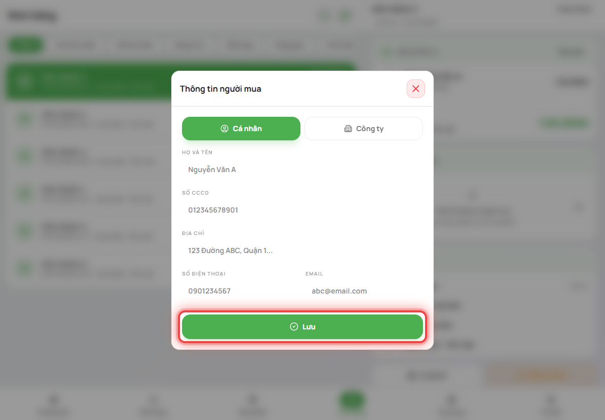 Bấm Lưu thông tin người mua