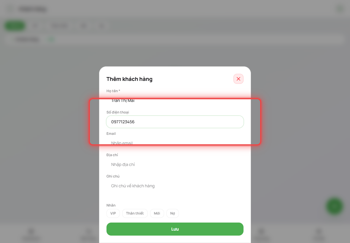 Nhập tên và số điện thoại khách hàng
