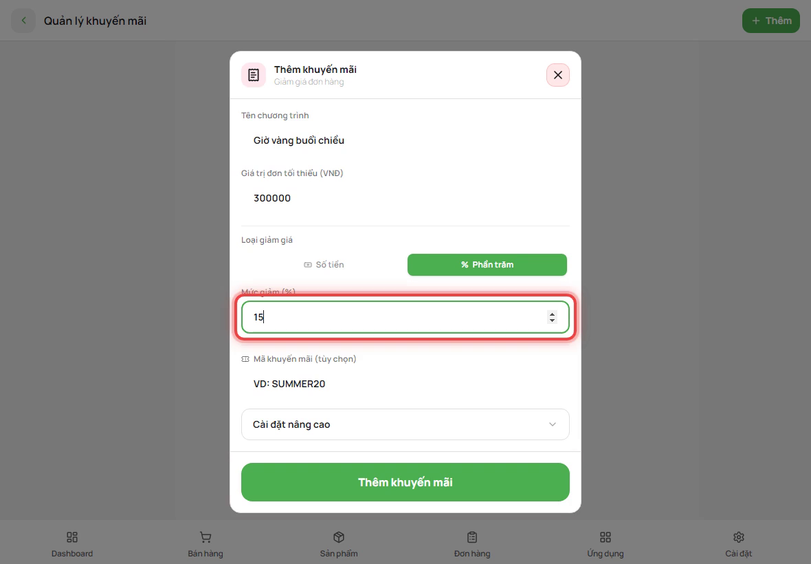 Nhập giá trị tối thiểu và mức giảm