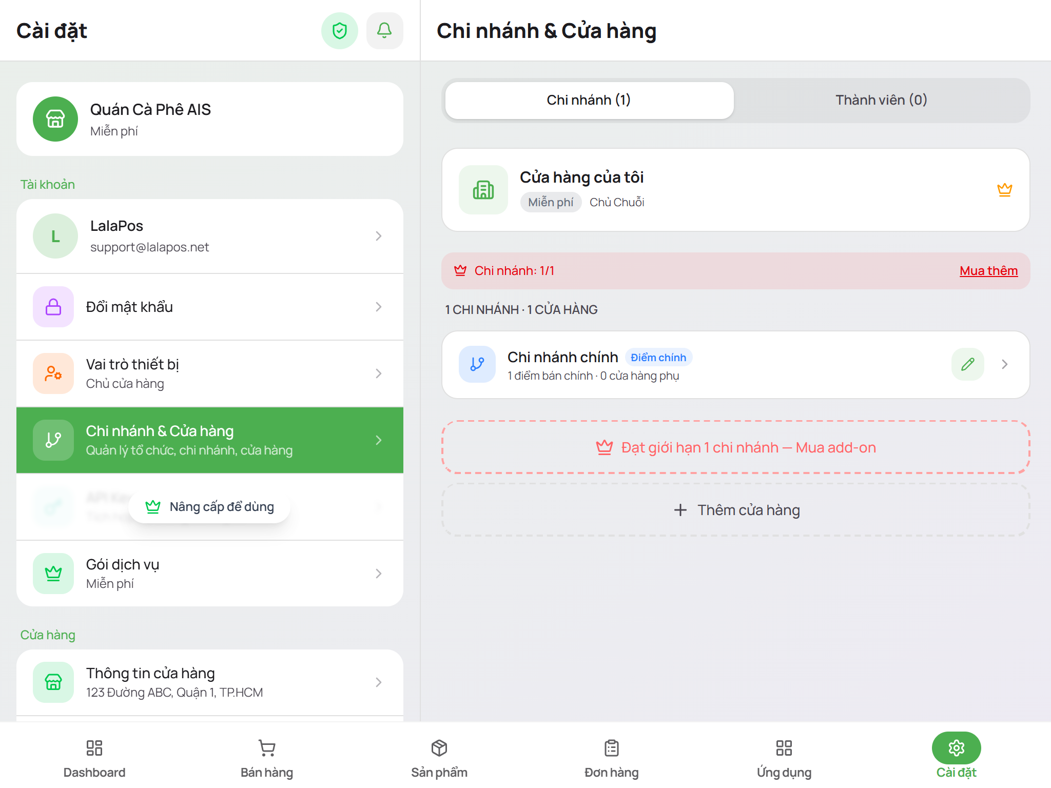 Mở mục Chi nhánh và Cửa hàng